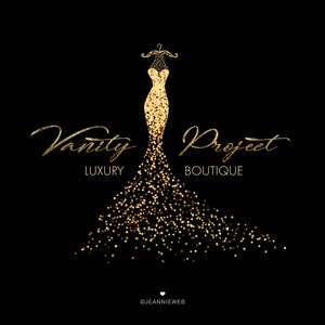 Może przedstawiać: Złoty logo w kształcie sylwetki sukienki z brokatem dla butiku o nazwie "Vanity Project Luxury Boutique".