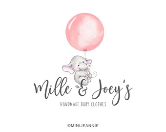 Elephant Logo-Baby Animal Logo-Balloon Logo-Animal Logo-Etsy logo-Watercolor Logo-Business Logo-Premade logo-Free Font Change