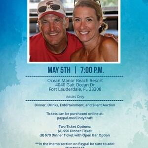K&ouml;nnte beinhalten: Ein Flyer f&uuml;r eine Melanoma-Spendenaktion zu Ehren von Cindy Kraft. Die Veranstaltung findet am 5. Mai um 19:00 Uhr im Ocean Manor Beach Resort in Fort Lauderdale, Florida, statt. Der Flyer zeigt ein Foto von Cindy Kraft und ihrem Partner. Die Veranstaltung beinhaltet Abendessen, Getr&auml;nke, Unterhaltung und eine stille Auktion. Tickets k&ouml;nnen online unter paypal.me/CindyKraft erworben werden.
