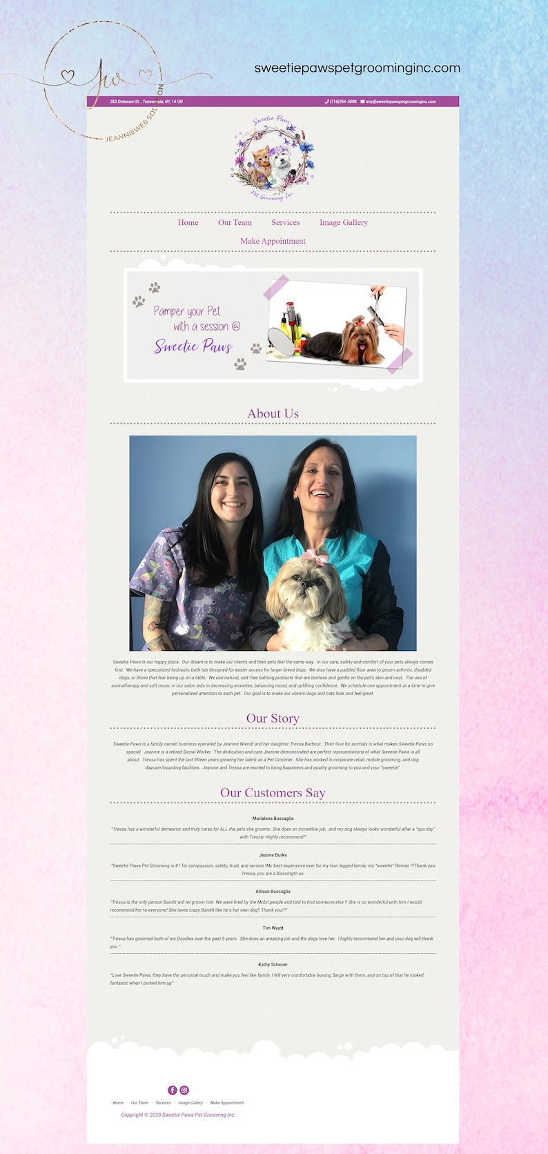 May include: Website homepage for Sweetie Paws Pet Grooming Inc. featuring a pink and white color scheme with a photo of two women and a dog. The text "Pamper your Pet with a session @ Sweetie Paws" is displayed in a pink and white box. The website also includes a section about the business, a section about their story, and a section with customer testimonials.