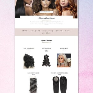 May include: Website homepage for Queen Adorned, a company that sells human hair extensions, wigs, and toppers. The website features images of women wearing different hair styles and a section highlighting the company's products, including raw Indian hair, virgin bundle deals, human wigs, closures/frontals, and toppers. The website also includes a section about why Queen Adorned is a good choice for hair extensions, and a section with customer testimonials.