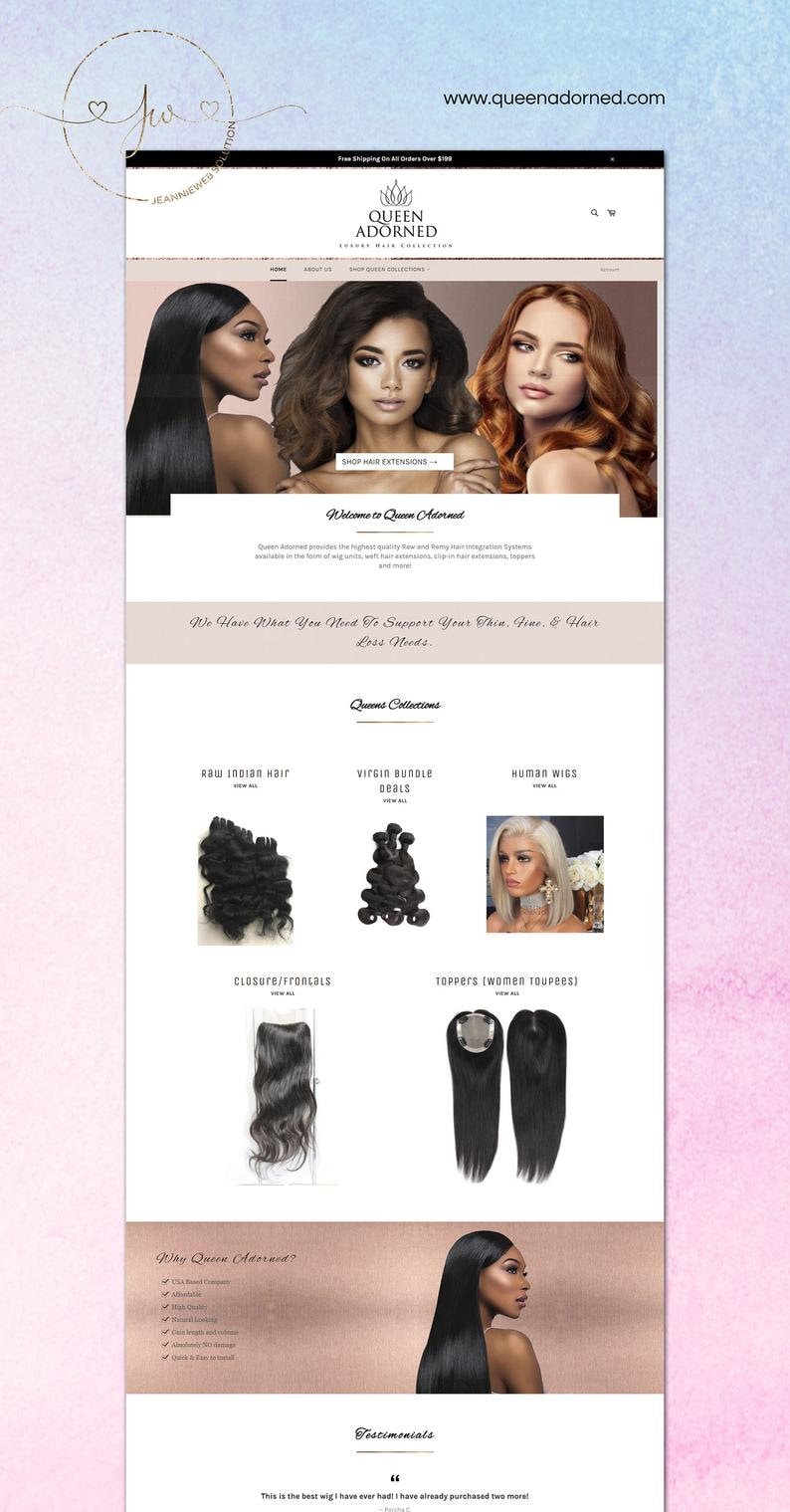May include: Website homepage for Queen Adorned, a company that sells human hair extensions, wigs, and toppers. The website features images of women wearing different hair styles and a section highlighting the company's products, including raw Indian hair, virgin bundle deals, human wigs, closures/frontals, and toppers. The website also includes a section about why Queen Adorned is a good choice for hair extensions, and a section with customer testimonials.