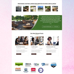 May include: Greenspace Associates website homepage with a green background and a photo of a patio with a fire pit. The website provides custom landscape services in Iowa and Illinois. The website also features a blog, contact information, and a request for a landscape design consultation.