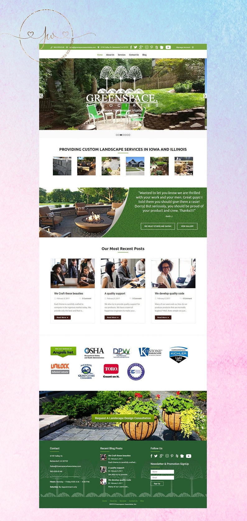 May include: Greenspace Associates website homepage with a green background and a photo of a patio with a fire pit. The website provides custom landscape services in Iowa and Illinois. The website also features a blog, contact information, and a request for a landscape design consultation.