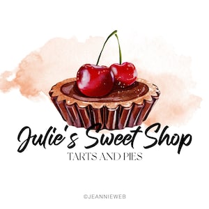 Premade Tart Logo with Cherry - Bakery Logo - Sweet Shop Logo - Watercolor Logo - Chocolate Logo - Food Business Logo - Dessert Logo