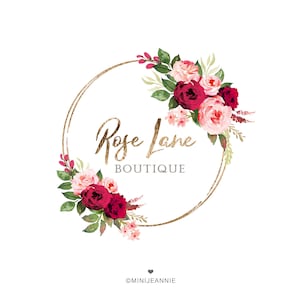 Florales Logo-Kreis Floral Logo-Blumen Logo-Rundes Floral Logo-Feminines Logo-Rose Floral Logo-Premade Logo-Aquarell Logo-Free Font Change