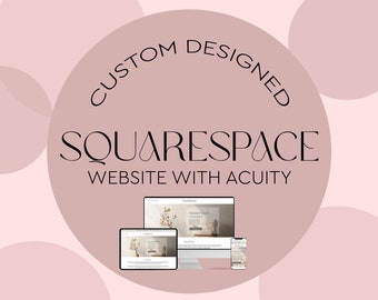 May include: A pink and white graphic with the text "CUSTOM DESIGNED SQUARESPACE WEBSITE WITH ACUITY". The graphic also shows a desktop computer, tablet, and smartphone displaying a website with the text "Andiebird".