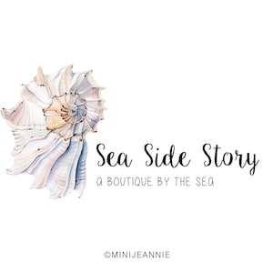 May include: A watercolor illustration of a seashell with a white and blue color scheme. The text "Sea Side Story" is written in black cursive font below the seashell. The text "a boutique by the sea" is written in black font below the cursive text. The text "OMINIJEANNI" is written in black font at the bottom of the image.
