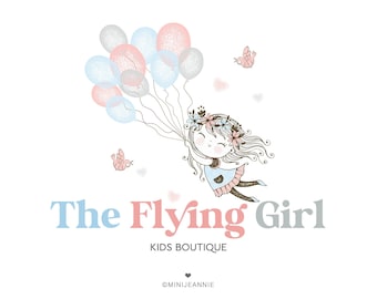 May include: A cartoon illustration of a girl with a flower crown holding onto a bunch of pastel blue and pink balloons, flying in the air. The text "The Flying Girl" is below the image, with the words "Kids Boutique" underneath. The text "@minijannie" is at the bottom of the image.