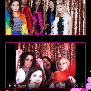 Pode incluir: Um grupo de mulheres posam para uma foto de cabine fotogr&aacute;fica. Elas est&atilde;o usando boas coloridas e est&atilde;o sorrindo e rindo. O fundo da cabine fotogr&aacute;fica &eacute; um tecido dourado brilhante. O texto "FUN SNAPS PHOTO BOOTH" est&aacute; no topo da imagem. O texto "Life of the Party" est&aacute; na parte inferior da imagem. O texto "EVENTS@FUNSNAPSPHOTO.COM", "WWW.FACEBOOK.COM/FUNSNAPSPHOTO/" e "WWW.FUNSNAPSPHOTO.COM" tamb&eacute;m est&atilde;o inclu&iacute;dos na imagem.