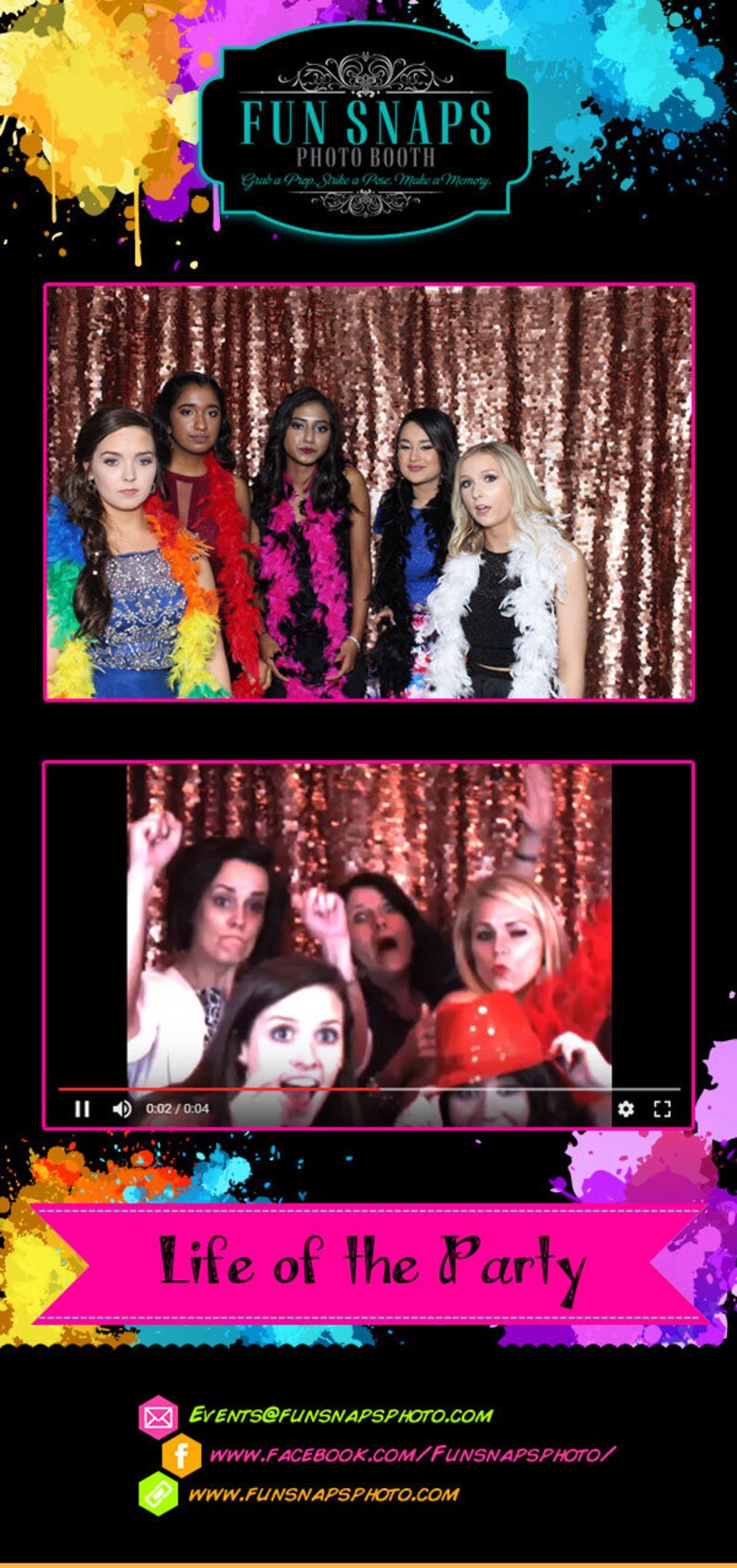 Pode incluir: Um grupo de mulheres posam para uma foto de cabine fotogr&aacute;fica. Elas est&atilde;o usando boas coloridas e est&atilde;o sorrindo e rindo. O fundo da cabine fotogr&aacute;fica &eacute; um tecido dourado brilhante. O texto "FUN SNAPS PHOTO BOOTH" est&aacute; no topo da imagem. O texto "Life of the Party" est&aacute; na parte inferior da imagem. O texto "EVENTS@FUNSNAPSPHOTO.COM", "WWW.FACEBOOK.COM/FUNSNAPSPHOTO/" e "WWW.FUNSNAPSPHOTO.COM" tamb&eacute;m est&atilde;o inclu&iacute;dos na imagem.