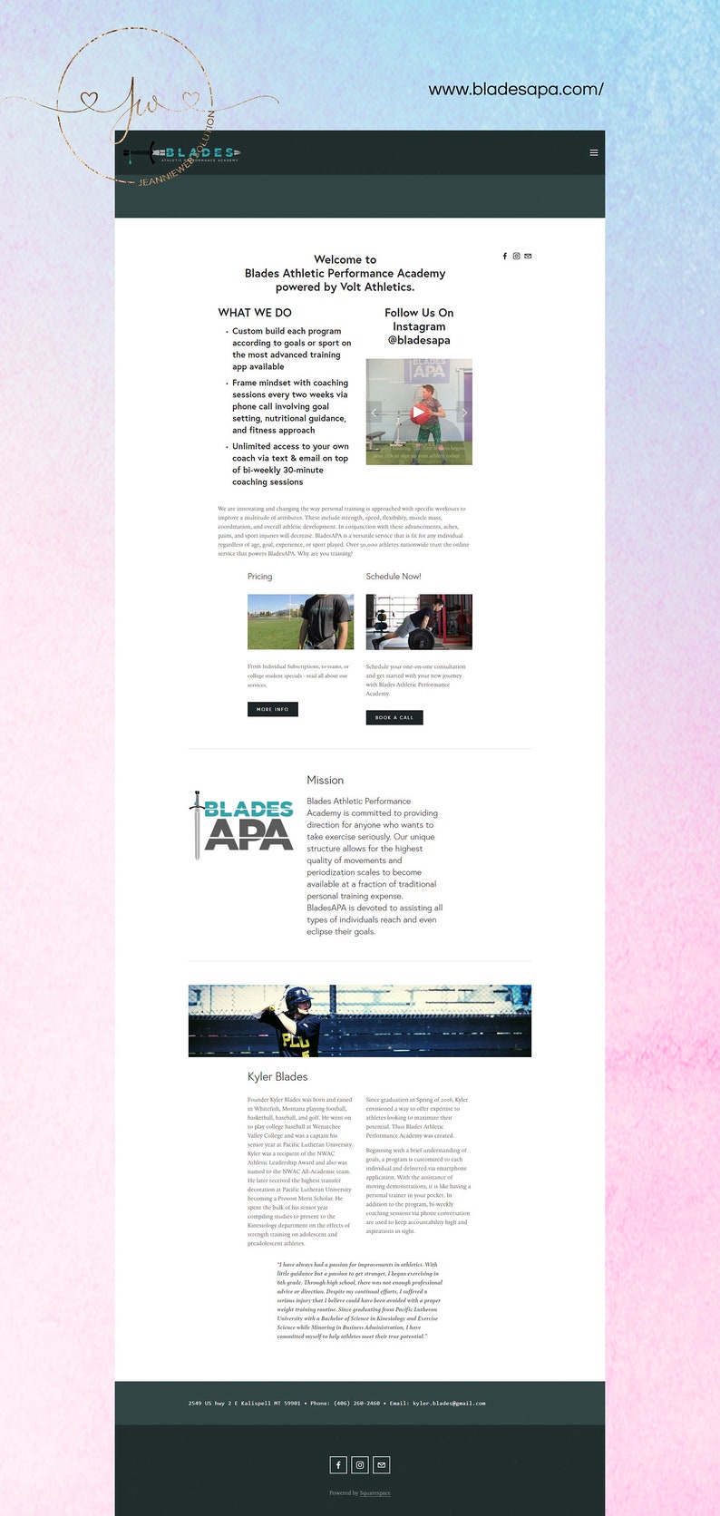 K&ouml;nnte beinhalten: Website f&uuml;r die Blades Athletic Performance Academy, ein Personal Training Programm. Die Website zeigt ein Foto von einem Mann, der trainiert, ein Foto von einem Mann, der Gewichte hebt, und ein Foto von einem Mann, der Baseball spielt. Die Website enth&auml;lt auch Text &uuml;ber die Mission, die Preise und die Planung der Akademie.