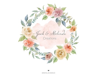 Rustic Floral Logo,  Boho Logo, Flower Logo Design, Feminine Logo, Pastel Floral Logo, Boutique Logo, Watercolor Logo, Wreath Logo