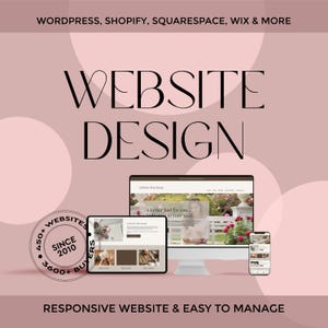 Può includere: Un grafico digitale per servizi di web design con un monitor desktop, un tablet e uno smartphone. Il testo include "WEBSITE DESIGN", "WORDPRESS, SHOPIFY, SQUARESPACE, WIX & MORE", "RESPONSIVE WEBSITE & EASY TO MANAGE" e un badge con "450+ WEBSITES SINCE 2010 3600+ BUYERS".