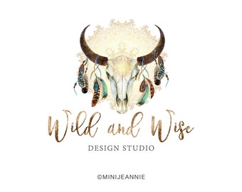 Skull Logo-Antler Logo-Desert Logo-Rustic Logo-Boho Logo-Bohemian Logo-Tribal Logo-Ranch Logo-Mandala logo-Watercolor Logo