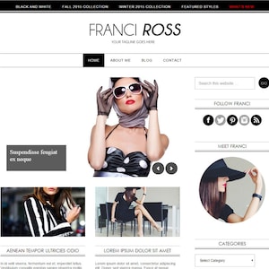 May include: A website homepage for a fashion brand called Franci Ross. The website features a black and white colour scheme with a photo of a woman wearing a black and white polka dot dress and sunglasses. The website also includes links to the home page, about me, blog, and contact pages. The website also includes a section for featured styles and what's new.