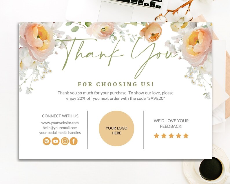 Peony Rose Thank You Card Template, Canva Editable DIY Printable Order ...