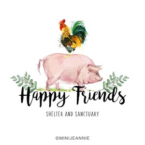 Puede incluir: Ilustraci&oacute;n de acuarela de un cerdo rosa con un gallo de pie sobre su espalda. El texto "Happy Friends" est&aacute; debajo del cerdo y el gallo, con las palabras "Shelter and Sanctuary" debajo de eso. El texto "@minijannie" est&aacute; en la parte inferior de la imagen.
