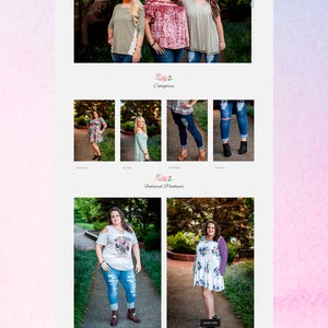K&ouml;nnte beinhalten: Eine Website-Startseite f&uuml;r eine Online-Bekleidungsboutique namens "The Clothesline Boutique". Die Website bietet eine Auswahl an Kleidungsst&uuml;cken, darunter Kleider, Oberteile und Jeans. Die Website hat auch einen Bereich f&uuml;r vorgestellte Produkte, der ein T-Shirt mit Grafik und ein Blumenkleid mit Streifen umfasst.