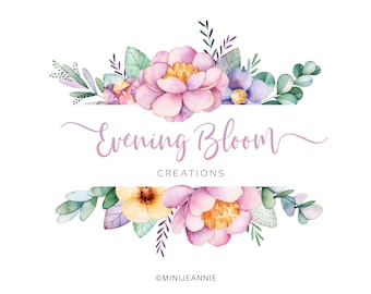 May include: Watercolor illustration of a floral arrangement with pink, purple, and yellow flowers. The text "Evening Bloom Creations" is written in a cursive font below the flowers.
