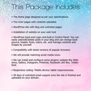 May include: A list of services included in a website design package. The list includes services such as website design, blog setup, unlimited pages, web hosting, and social media icon integration.