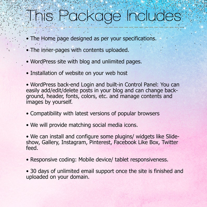 May include: A list of services included in a website design package. The list includes services such as website design, blog setup, unlimited pages, web hosting, and social media icon integration.