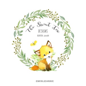 Fox Logo-Wreath Logo-Animale Logo-Forest Logo-Natura Logo-Moderno Logo-Boutique Logo-Acquerello Logo-Free Font Change