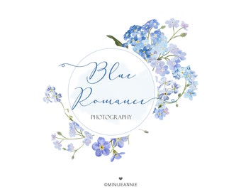 Logotipo floral - Logotipo de Forget Me Not - Logotipo de boda - Logotipo de marco de flor azul - Logotipo floral romántico - Logotipo femenino - Logotipo de fotografía