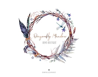 Boho Floral Logo, Bohemian Logo, Boho Wreath Logo, Logo Design Branding Kit, Dragonfly Logo, Photography Logo, Business Boutique Logo