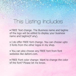 Puede incluir: Texto sobre un fondo rosa y azul que dice "This Listing Includes" seguido de una lista de opciones de personalizaci&oacute;n: cambio de texto GRATIS, cambio de fuente GRATIS, fuente GRATIS de sitios web y cambio de color de fuente GRATIS.
