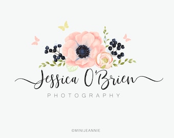Pink Flower Logo-Flower with Berries Logo-Floral Logo-Photography Logo-Boutique Logo-Watercolor Logo-Premade Logo-Free Font Change