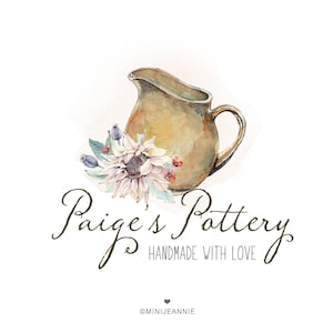 May include: A watercolor illustration of a brown pottery pitcher with a floral design. The pitcher is tilted slightly and has a white flower with a yellow center. The text "Paige's Pottery Handmade with Love" is written in cursive below the pitcher.