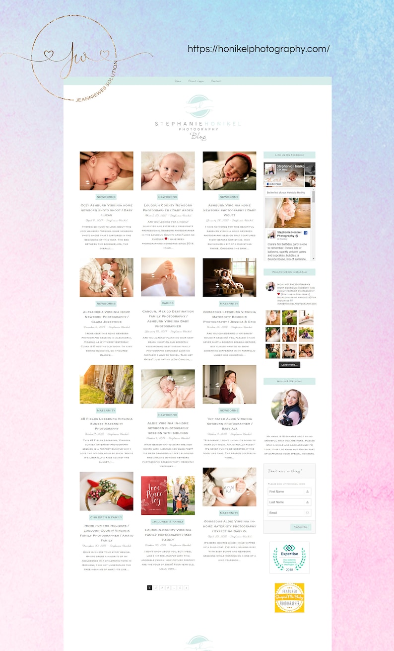 May include: A website for Stephanie Honikel Photography, featuring a blog with articles about newborn, maternity, and family photography. The website includes a contact form, a call to action to subscribe to the blog, and a logo with the text "Stephanie Honikel Photography".
