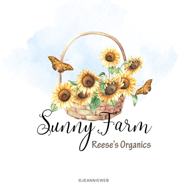 Sunflowers Logo, Flower Basket Logo, Rustic Floral Logo, Farm Logo, Ranch Logo, Country Decor Logo, Watercolor Logo, Business Logo