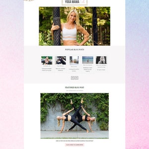 May include: A website homepage for Yoga Mama, a yoga and lifestyle blog. The website features a photo of a woman in a white sports bra and black leggings, a photo of two women doing yoga, and a section for popular blog posts.