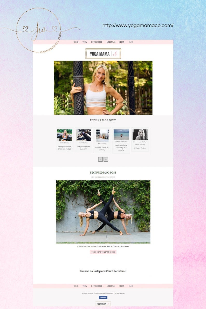May include: A website homepage for Yoga Mama, a yoga and lifestyle blog. The website features a photo of a woman in a white sports bra and black leggings, a photo of two women doing yoga, and a section for popular blog posts.