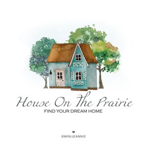 Blue Cottage Logo-Home Logo-House Logo-Country Logo-Rustic Logo-Farm House Logo-Bed and Breakfast Logo-Premade Logo-Watercolor Logo