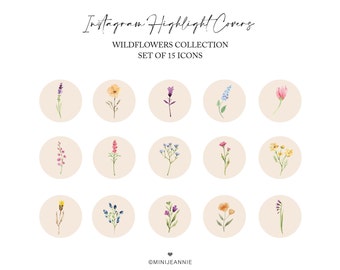 Op de afbeelding: Set van 15 aquarel illustraties van wilde bloemen in verschillende kleuren, waaronder paars, roze, geel en blauw, op een beige achtergrond. Elke illustratie bevindt zich in een cirkel, perfect voor Instagram-highlight covers.