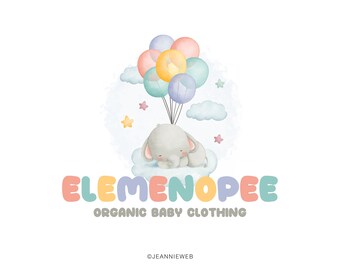 Sovande elefantlogotyp, Baby Boutique-logotyp, Ballonglogotyp, Djurlogotyp, Etsy Shop-logotyp, Akvarelllogotyp, Företagslogotyp, Färdig logotypdesign