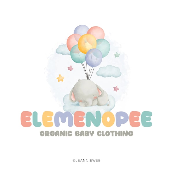 Schlafender Elefant Logo, Baby Boutique Logo, Ballon Logo, Tier Logo, Etsy Shop Logo, Aquarell Logo, Geschäftslogo, vorgefertigtes Logo Design