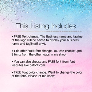 Pu&ograve; includere: Testo su uno sfondo rosa e blu che dice "This Listing Includes" seguito da un elenco di opzioni di personalizzazione: cambio di testo GRATUITO, cambio di font GRATUITO, font GRATUITO da siti web e cambio di colore del font GRATUITO.
