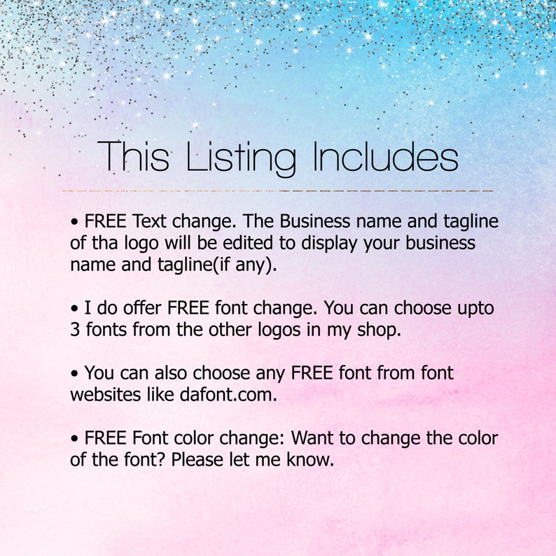 Pu&ograve; includere: Testo su uno sfondo rosa e blu che dice "This Listing Includes" seguito da un elenco di opzioni di personalizzazione: cambio di testo GRATUITO, cambio di font GRATUITO, font GRATUITO da siti web e cambio di colore del font GRATUITO.