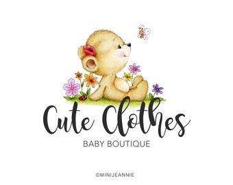 Teddy Logo-Teddy Bear Logo-Kids Logo-Baby Product Logo-Baby Logo-Boutique Logo-Watercolor Logo-Free Font Change