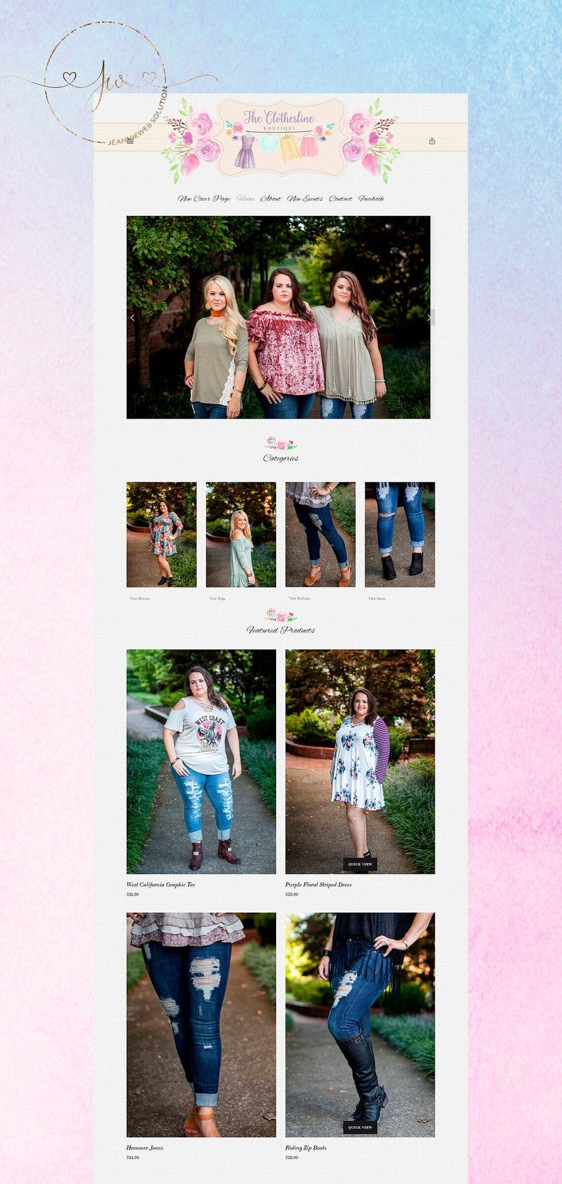 May include: A website homepage for an online clothing boutique called "The Clothesline Boutique". The website features a variety of clothing items, including dresses, tops, and jeans. The website also includes a section for featured products, which showcases some of the most popular items.
