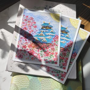 Cartões postais de arte, cartão postal de aquarela feito à mão, mini impressão artística, lembrança de viagem, castelo de Osaka, Japão, conjunto de papelaria, decoração de arte de parede, amante do Japão