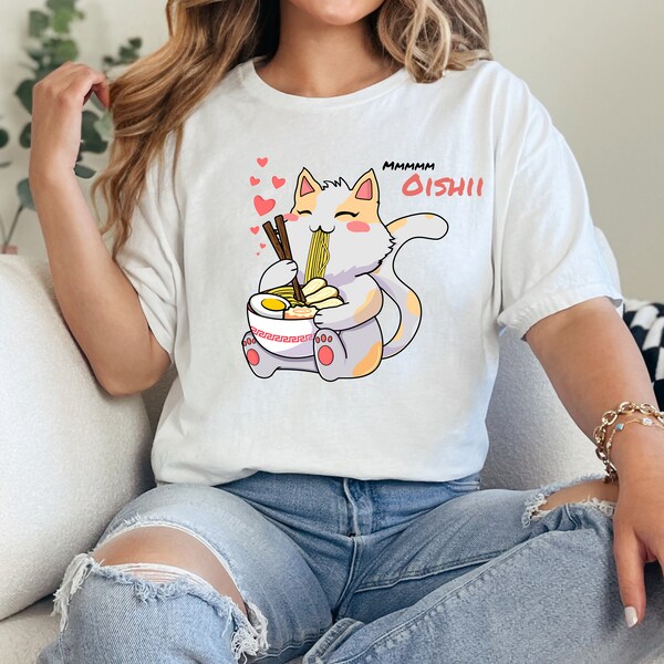 Japanese Maneki Cat Ramen Noodles Unisex Shirts, Retro Tokyo Fashion, Streetwear Style, Gift for teens