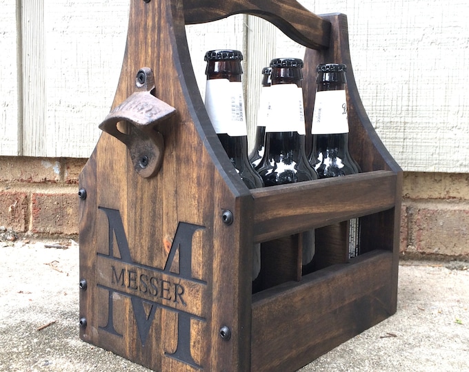 Customizable Wooden Beer Caddy: Rustic Bottle Holder with Opener