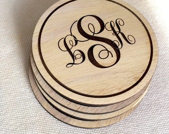 6x Set of 4 Laser Engraved Wooden Coasters - Monogram
