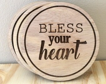 Set of Laser Engraved Wooden Coasters - Bless Your Heart
