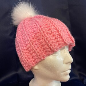 Handmade Crochet Chunky Winter Hat Bubblegum Pink hat with white faux fur Pom pom